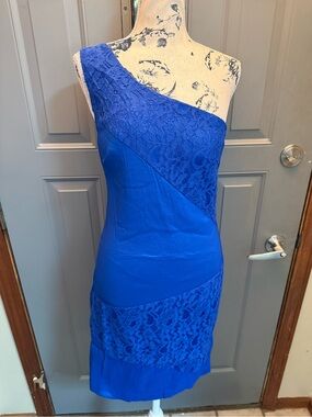 Daisy Cobalt Blue Asymmetric Lace one shoulder bodycon Cocktail Dress(Med)